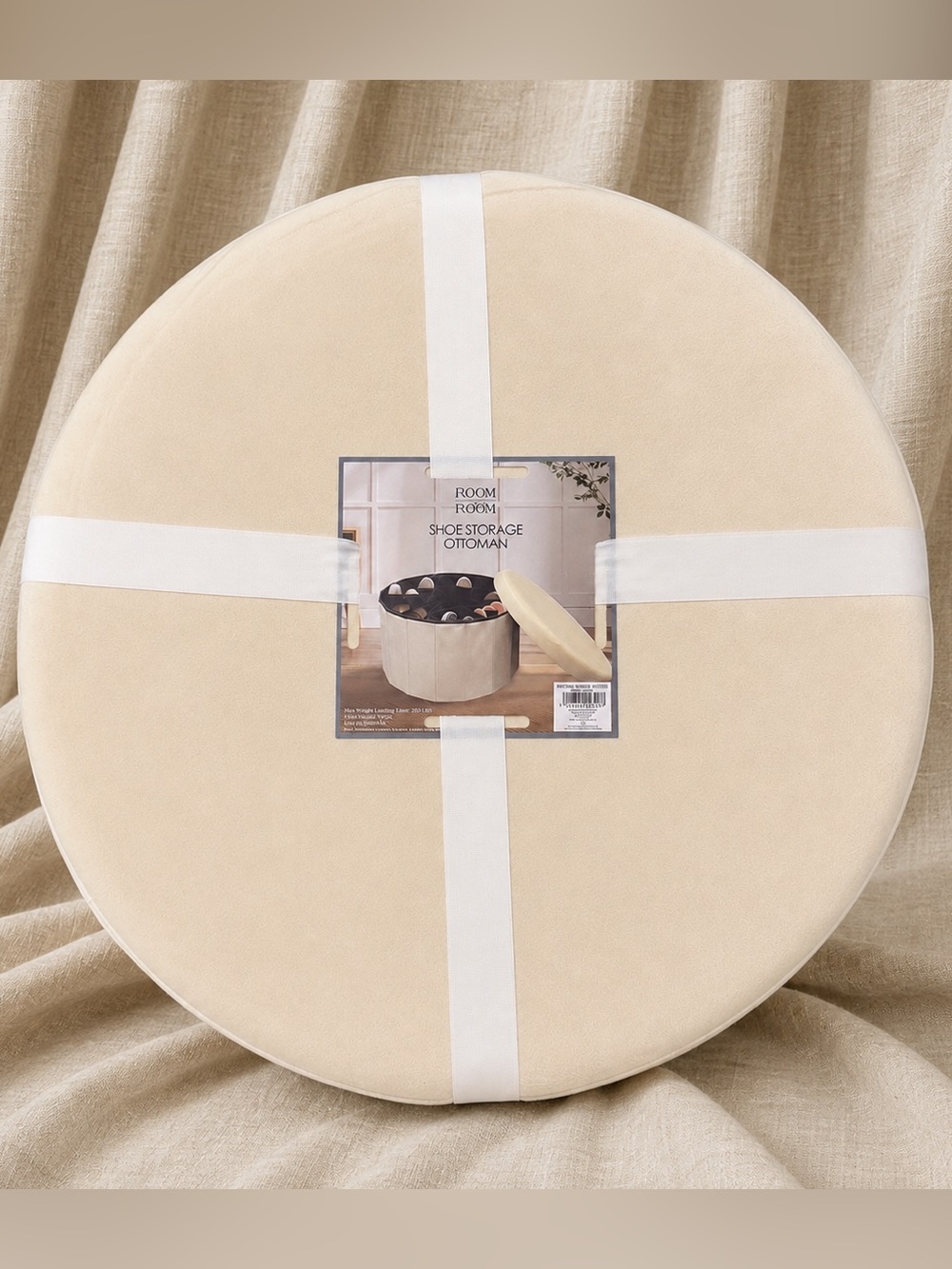 Round Shoe Storage Ottoman | Cream Velvet Hidden Organizer Seat | 250lb Capacity - Picture 4 of 8
